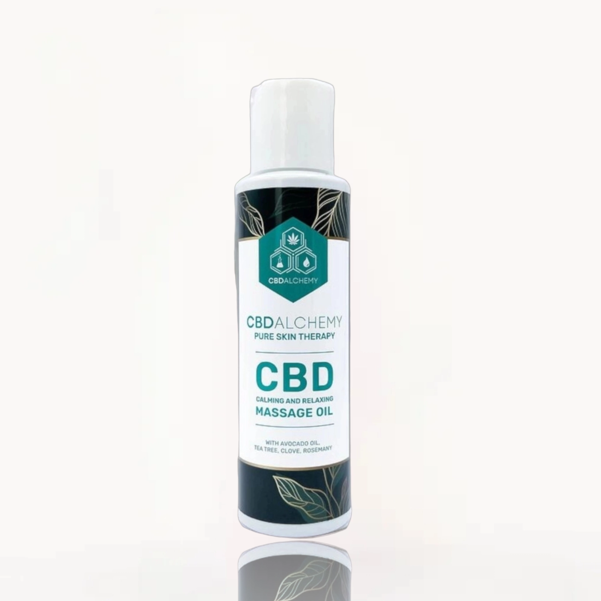 Aceite de masaje con CBD cosmético en envase dosificador.